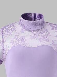 Tween Girls Activewear Leotard, Suitable For Ballet, Back To School, Campus Workout, Training, Competition, Casual Wear. Fashionable Stretchy Mesh Long Sleeve Design, Comfortable & Elastic Dance Sportswear Lavender Dance Dress Ballet Dress Lace Ballet Dress Girls Dance Dress Short Sleeve Dance Dress - Purple - View 5