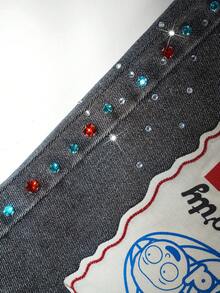 Rick and Morty X SHEIN Men's Casual Letter Print Rhinestone Embellished Denim Shorts, Summer - Grey - View 6