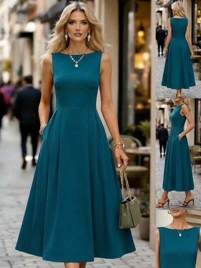 Editum Women's New Elegant Round Neck Waist Slimming Simple Solid Color Pocket Mid-Length Dress, Suitable For Daily Wear, Commuting, Work, Summer Sleeveless Dress Work Outfits For Women Summer Dresses Business Casual For Women Work Outfits For Women Office Outfits For Women Teal Blue Midi Dress Turquoise Elegant Dress Solid Color Midi Dress Sleeveless Midi Dress Women's Elegant Dress Women's Elegant Dress Turquoise Dress Women Teal Blue Dress Women Elegant Spring Dress Ankle Length Dress Summer Spring