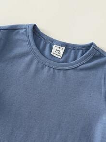 SHEIN 2件套男女宝宝通用休闲可爱蓝色T恤上衣和动物纹格子背带裤套装，夏季服装 - 彩色 - 查看 5