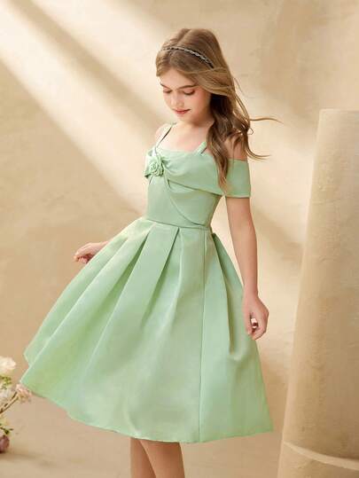 Vestido corto ajustado de satén verde elegante y lujoso con flores para niñas preadolescentes, adecuado para fiestas de noche, Navidad, Halloween, bodas, bailes de graduación y otros eventos
