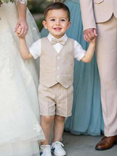 SHEIN 3 Pcs Young Boys Gentleman's Refined And Elegant Urban White Long-Sleeved Shirt T-Shirt And Vest Vest, Trousers Suit, Suitable For Weddings, Suitable For Parties, Suitable For Travel, Suitable For Daily Gatherings, Suitable For Autumn And Winter Seasons