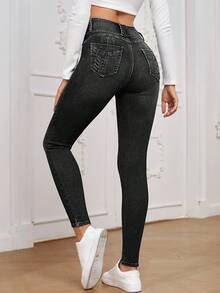 EMERY ROSE Women's High Waist Pocket Skinny Casual Versatile Denim Jeans - Grey - View 4