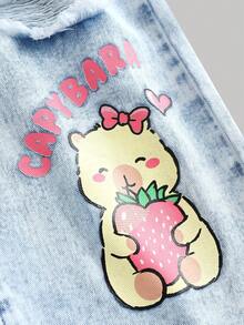 SHEIN Jeans de mezclilla con estampado de dibujos animados de capibara asimétrico con botones en la cintura, lavado claro, estilo casual para niña preadolescente, moda linda y dulce para uso diario, escuela, fines de semana, temporada de regreso a clases, vacaciones. Pantalones cargo rectos de mezclilla lavada de ajuste relajado y bolsillos múltiples, color azul claro, para primavera, verano, regreso a clases, homecoming, vacaciones de verano, primavera, playa, vacaciones, Día de San Valentín, graduación. - Lavado ligero - Ver 2