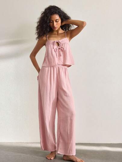 Ocili Women's Solid Color Strap Long Pants Pajama Set