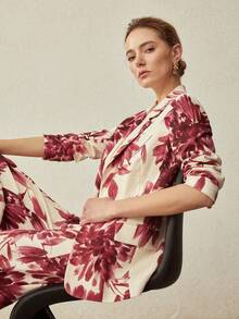 MOTF PREMIUM MINIMALIST ELEGANT LINEN FLORAL PRINT BLAZER, SPRING/SUMMER - Burgundy - View 8