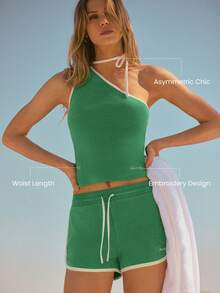 GLOWMODE Glow On The Go Soft Sweat-Wicking Waist-Length Slim-Fit Embroidered Logo Contrasting Trim Halterneck Strap One-Shoulder Top Outdoor Daily Casual Wear - Green - View 2