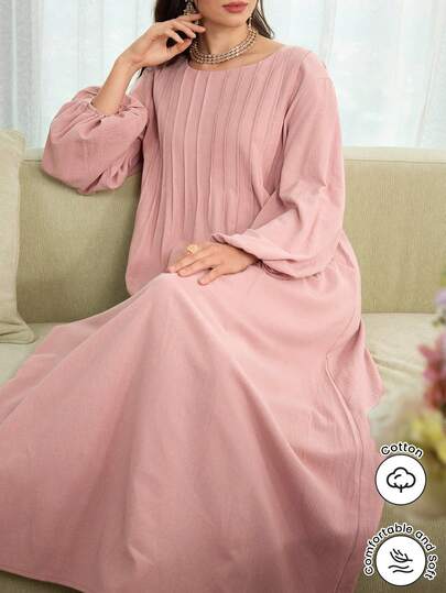 Al Najma 粉色条纹优雅长袖中长连衣裙