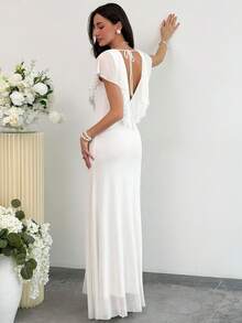 Aloruh Đầm ôm dáng cổ chữ V sâu, màu trơn, viền bèo nhún dành cho nữ - trắng - Xem 3