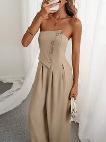 Rafferiza Fashionable Sexy Strapless Sleeveless Metal Buckle Jumpsuit - Khaki - View 5