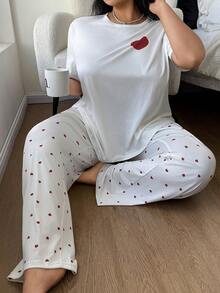SHEIN 加大码爱心印花短袖睡衣套装 - 米色 - 查看 3