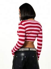 SUMWON WOMEN Striped Knit Top Long Sleeve Front Cutout Deep V Neck Fitted Cropped Ribbed Sweater Fall Winter - Multicolor - View 2