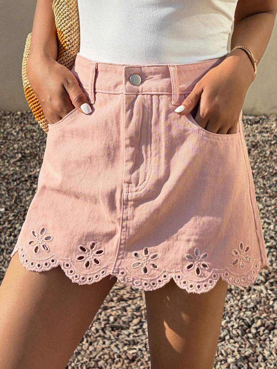 DAZY Minifalda vaquera casual con adorno de encaje para mujer, color rosa - Rosa - Ver 1