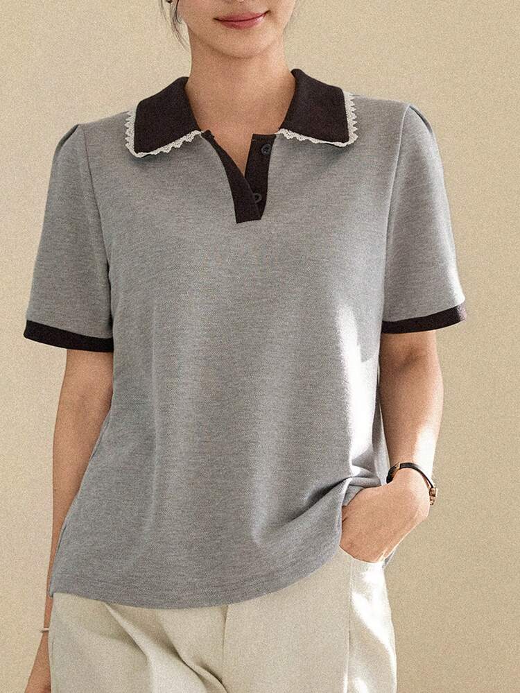 Women's Summer Polo Collar Contrast Color Lace Patchwork Casual T-Shirt