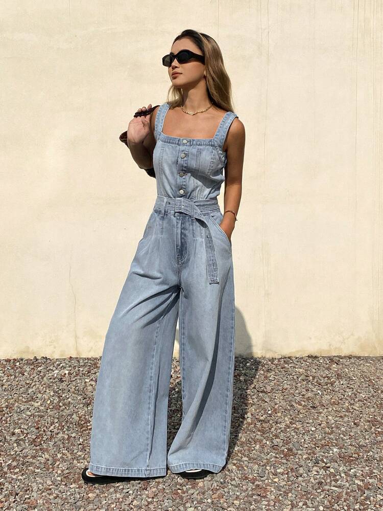 Women's Waist Belt Loose Fit Straight Leg Casual Denim Jumpsuit Y2k