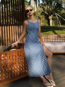 DAZY Vestido de tirantes con estampado de lunares para mujer, vestido vaquero de estilo casual para vacaciones - Azul lavado medio - Ver 2