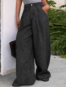 DAZY Jeans de pierna de barril de talle bajo con rayas para mujer, pantalones vaqueros de estilo casual de calle lavados - Negro - Ver 2