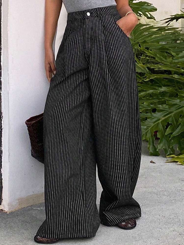 Women's Low Waist Striped Barrel Leg Jeans, Casual Street Style Washed Denim Pants