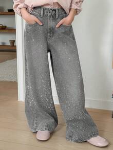 Dazy Kids Quần jean bó sát đính đá lấp lánh dành cho bé gái tuổi teen - Xám - Xem 4