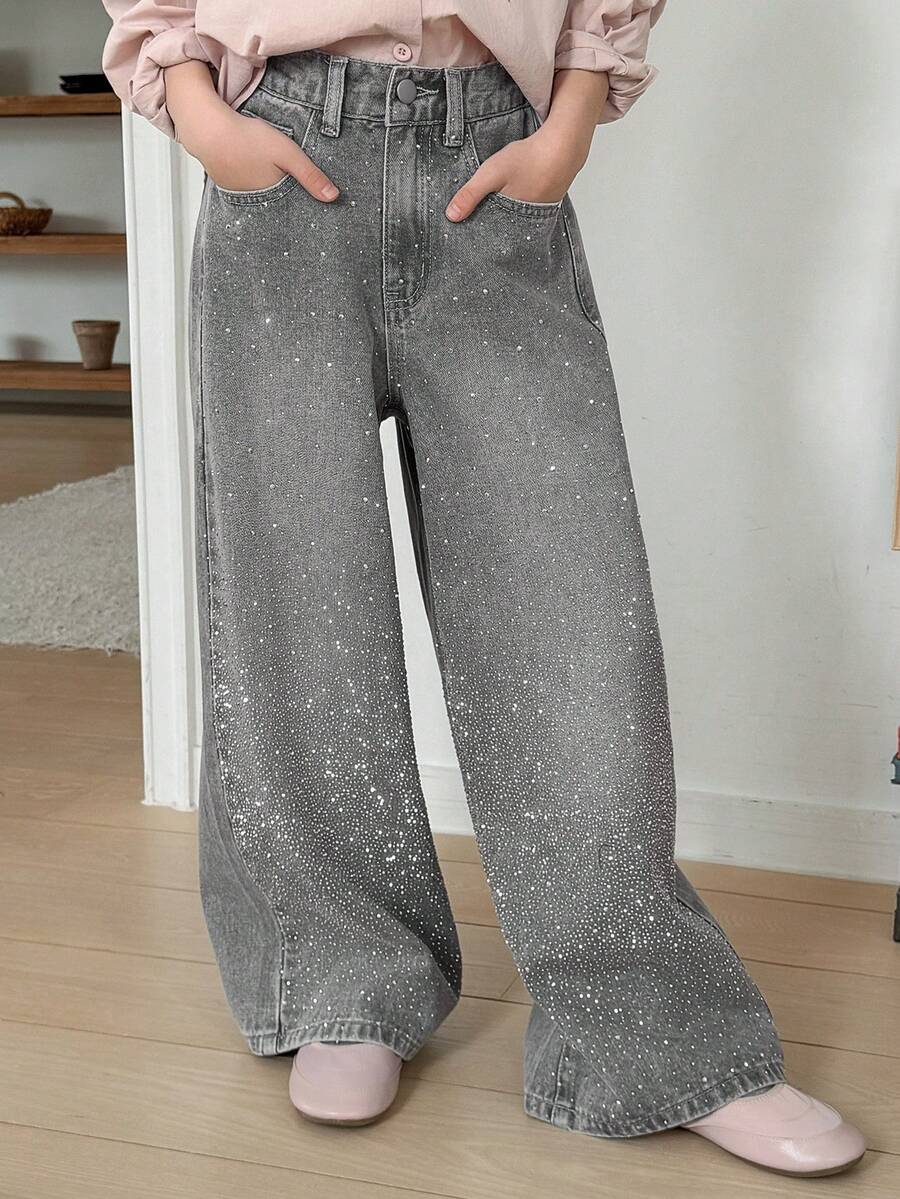 Dazy Kids Quần jean bó sát đính đá lấp lánh dành cho bé gái tuổi teen - Xám - Xem 1