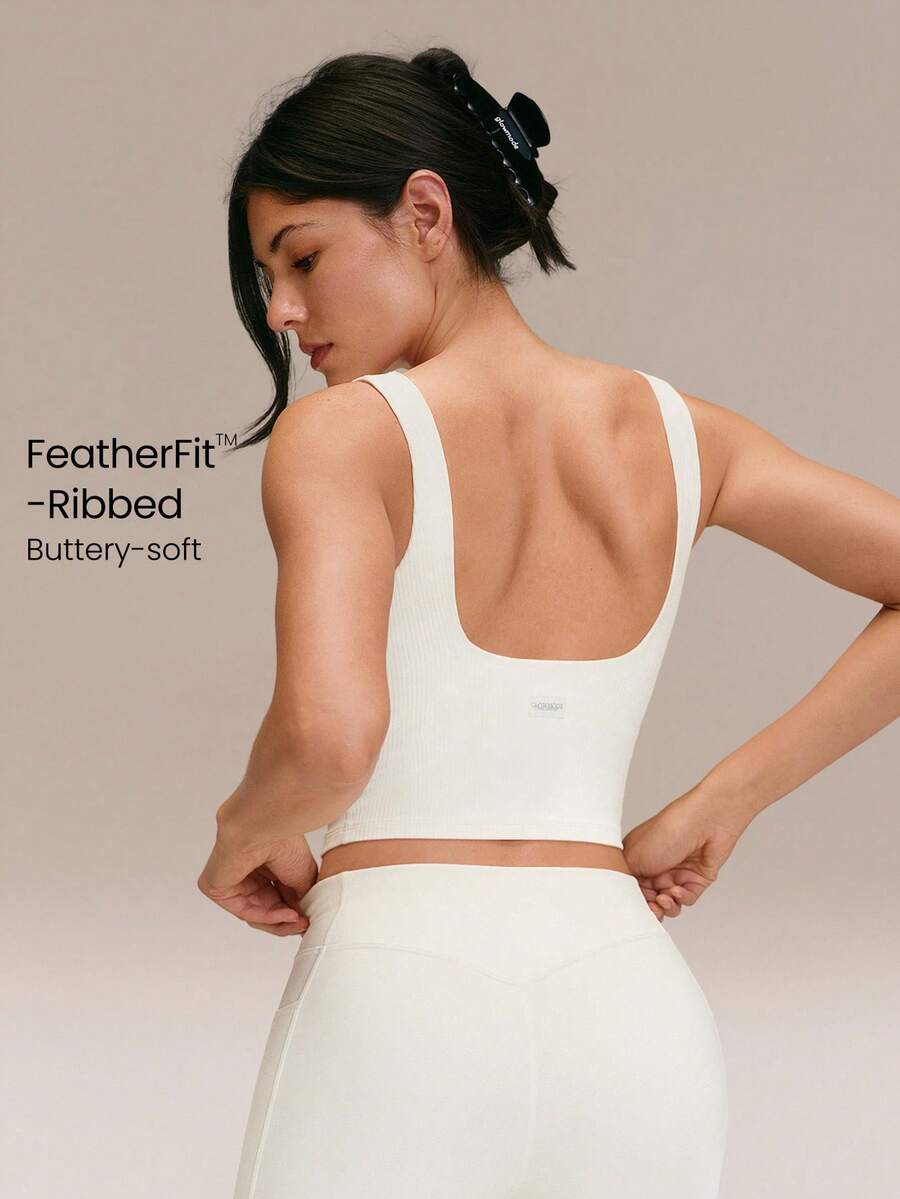 GLOWMODE Áo ngực thể thao FeatherFit™ gân nổi, mềm mại, cổ vuông, thích hợp cho yoga, pilates, tập luyện nhẹ nhàng, mặc hàng ngày, có mút ngực tháo rời, mùa thu đông. - trắng - Xem 1
