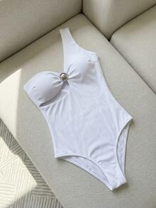Swim Chiccia Maillot de bain sans fil ajouré avec design de col asymétrique - Blanc - Voir 4