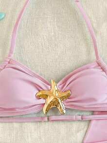 SHEIN Tween Girl Vacation 3pcs Blue Starfish Metal Button Bikini 3 Pieces Set, Beach Holiday Light Pink Two Piece Set Two Piece Bathing Suit Girls Two Piece Bathing Suit Girls Light Pink Mermaid Tail Skirt Long Skirt 2 Piece Set Pink Skirt Set - Pink - View 4