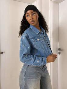 StreetHx Women's Y2K Fashion Casual Street Style Rivet Denim Jacket - Medium Wash - View 4