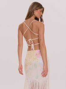 MUSERA Floral Print Satin Fringed Cami Top Spring Summer Elegant Wedding Guest Vacation Holiday Occasion Honeymoon Cafe - Light Yellow - View 4