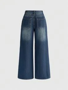 ROMWE Grunge Punk Punk Metal Rivet Studded Cross Embroidered Loose Wide-Leg Jeans - Blue - View 2