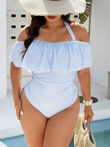 Swim Vcay 大码女式泳衣，休闲沙滩度假蓝白格子随机印花挂脖系带荷叶边连体泳衣 - 藍白色 - 查看 5