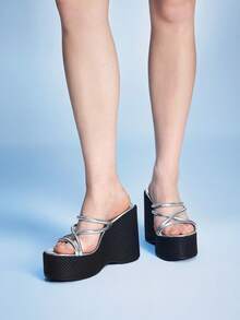 Sugerpunk 女士厚底凉鞋 拖鞋 露趾坡跟时尚女鞋 - 銀色 - 查看 5