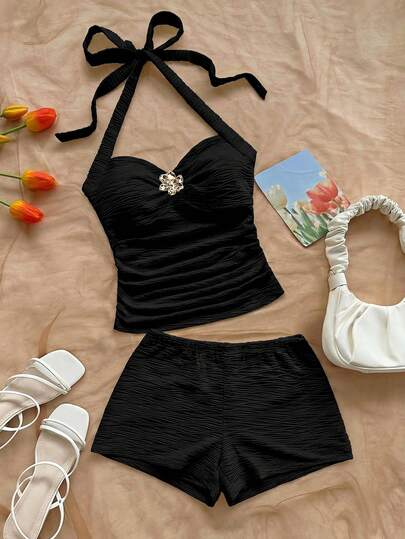 Soleia Women's Vacation Knit Textured V-Neck Floral Metal Decor Halter Crop Top And Super Short Shorts 2-Piece Set, Suitable For Party, Christmas, Date, Nightclub, Beach, Cruise, Afternoon Tea, Bohemian, Boho, Vacation, Fall