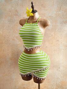 Mistrie Conjunto de 2 piezas con top halter con ribete de concha a rayas y minifalda para mujer - Verde - Ver 4