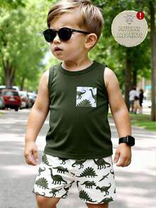 2pcs/Set Young Boy Casual Cute Cartoon Dinosaur Print Tank Top & White Printed Shorts Outfit, Suitable For Summer Outing,  Green Tank Top Dinosaur Set - Multicolor - View 1