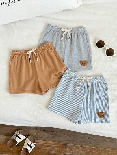 SHEIN 3件套男女通用婴儿休闲卡通熊印花弹力腰短裤，百搭夏季多件装