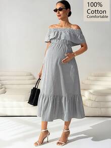 MaterniWear Schwangeren Frauen Off-Shoulder gestreiftes gerafftes modisches schickes Partytube-Kleid - Schwarz und Weiss - Übersicht 4