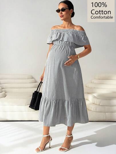 MaterniWear Summer Outfit Maternity Work Clothes Maternity Work Outfits   Maternity Work Dresses  Maternity Off-Shoulder Striped Cotton Breathable And Comfortable Long Dress Pregnant Women's Off-Shoulder Striped Ruched Fashionable Chic Party Tube Dress,Old Money Style