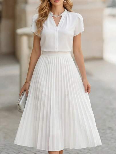 Miaspire Women's Summer Elegant Commuter Solid Color Notched Collar Blouse And Pleated Skirt 2-Piece Set