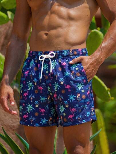 Manfinity Swimmode Pantalones cortos de playa casuales con estampado colorido para hombres