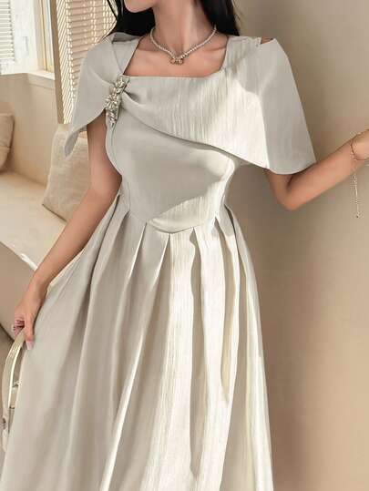 DAZY Women's Elegant Solid Color Pleated Asymmetric Long Dress, Summer