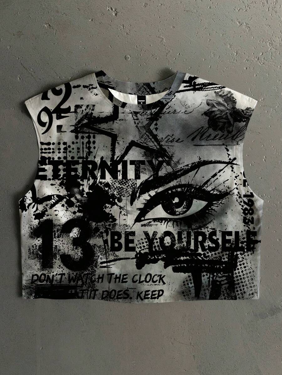 Manfinity ZONE917 Camiseta de tirantes corta holgada con estampado de graffiti oversize estilo callejero para hombre, adecuada para verano y vacaciones - Multicolor - Ver 1