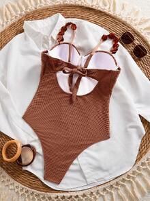Swim Basics Women's Summer Beach Vacation Solid Color Spaghetti Strap Special Fabric Hard Cup One-Piece Swimsuit - Rust Brown - View 8