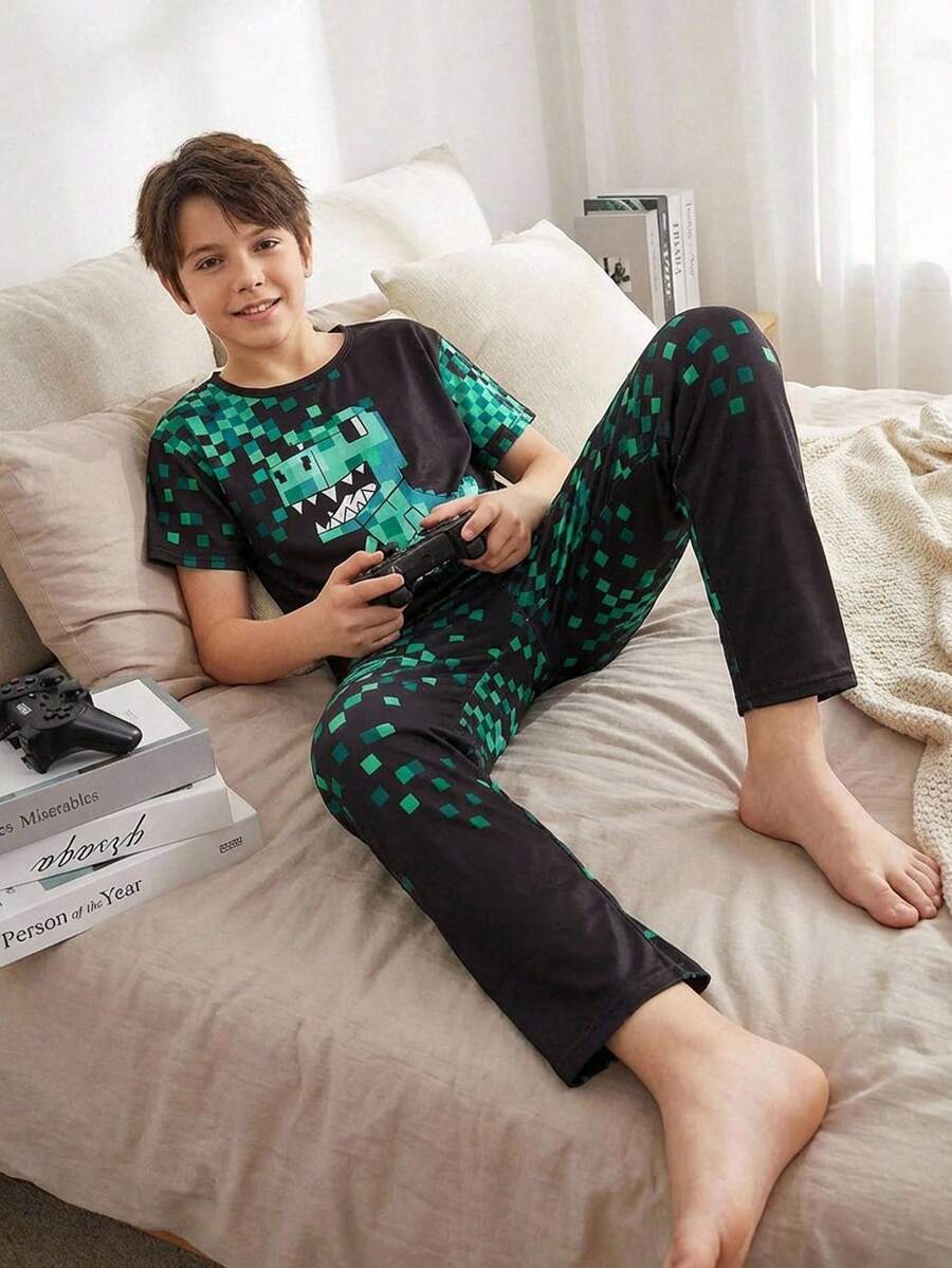 Tween BoyFashionable Cute Dinosaur Mosaic Print Short Sleeve & Pants Pajama Set Boys Lounge Set Boys Gaming Shirts Boys Sleepwear - Green - View 1