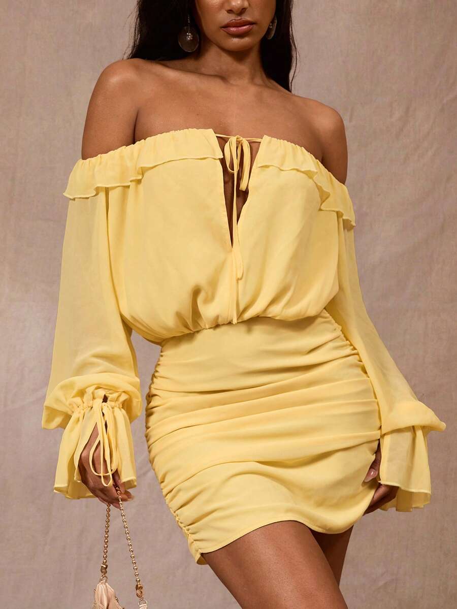 Opulessa Summer Spring Going Out Beach Vacation Festival Party Wedding Graduation Prom Elegant Casual Formal Women's Elegant Solid Color Off-Shoulder Ruffle Hem Dress, Spring Summer Outfits, Festival Dress, Elegant Party Dress, Beach Vacation Outfits, Wedding Guest Dresses, Formal Graduation Dress, Work Outfits For Women - Yellow - View 1