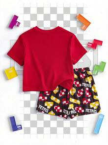 Tetris™ X SHEIN Baby Boy Letter & Cartoon Print Round Neck Short Sleeve T-Shirt And Shorts Casual Daily Outfit - Red - View 2