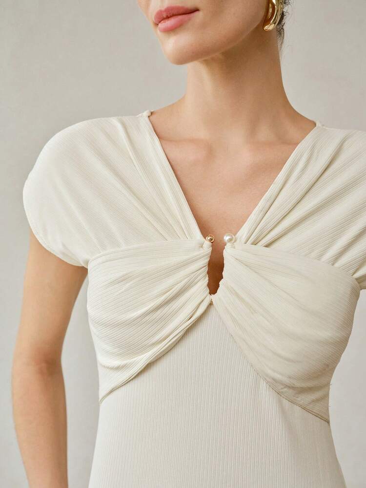 RUCHED V NECK RIBBED T-SHIRT