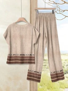 EMERY ROSE Set de 2 piezas con top de cuello redondo casual y pantalones holgados para mujer, conjunto versátil adecuado para primavera y otoño - Multicolor - Ver 2