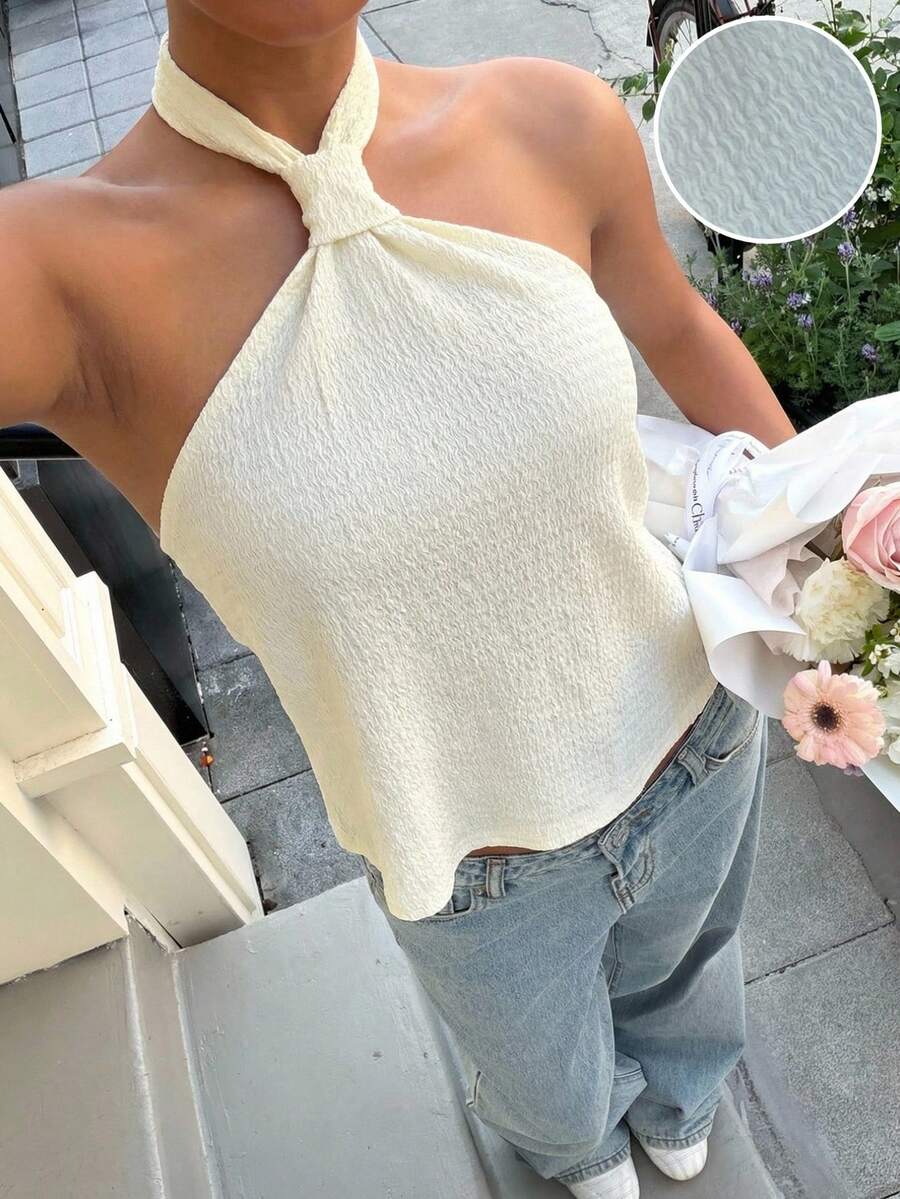 Muchica 夏季沙滩杏色编织露背吊带女式休闲度假上衣 - 杏色 - 查看 1