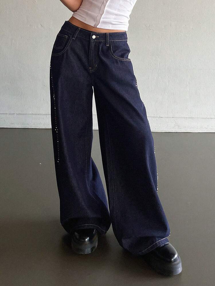 Women's Casual Street Fashion Loose Fit Low Waist Rhinestone Embellished Wide Leg Jeans, Suitable For Daily Commute
